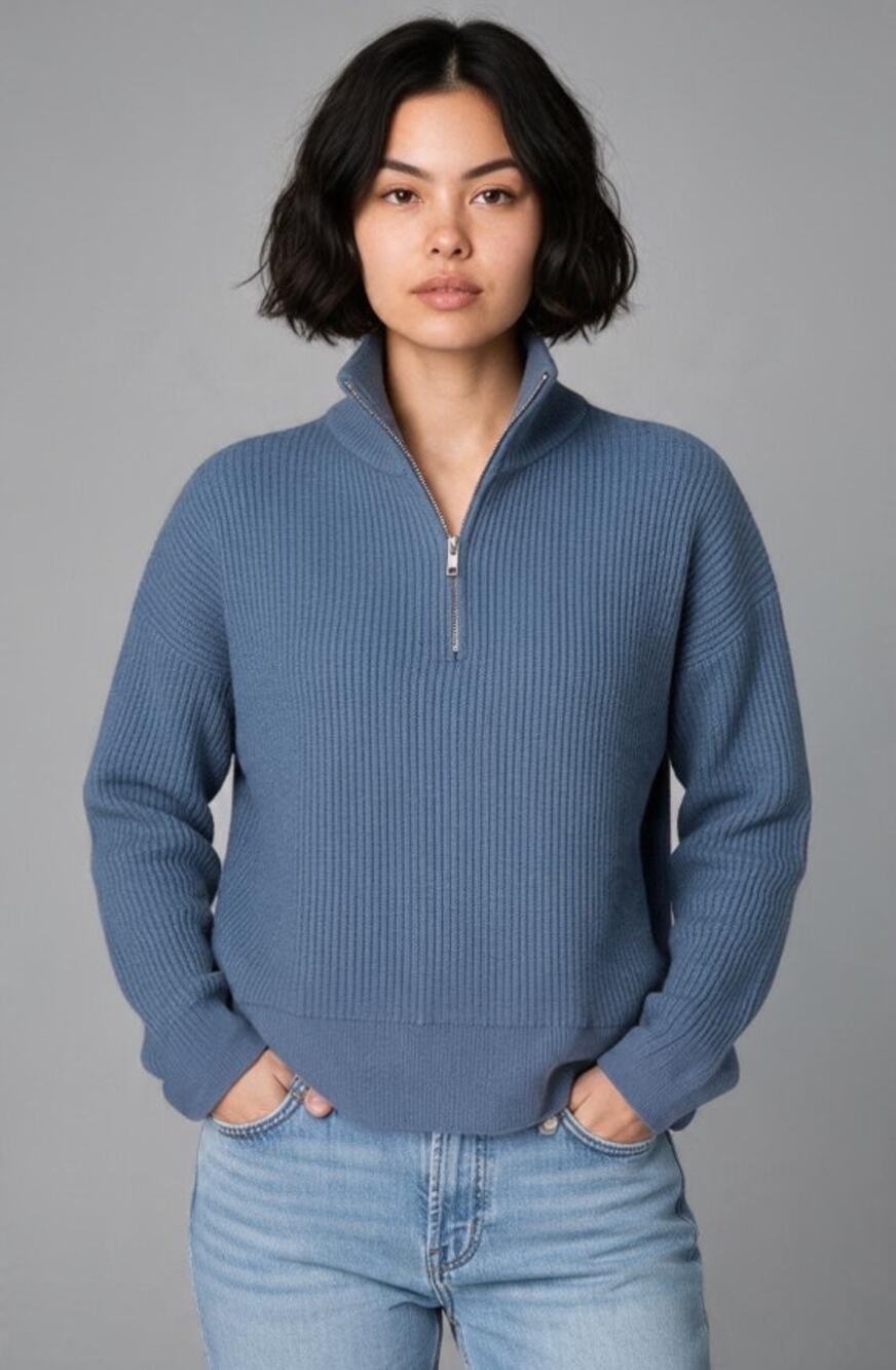 Stitches + Stripes Sweater Mock Zip Neck Cropped Teal Blue Women's Size Large